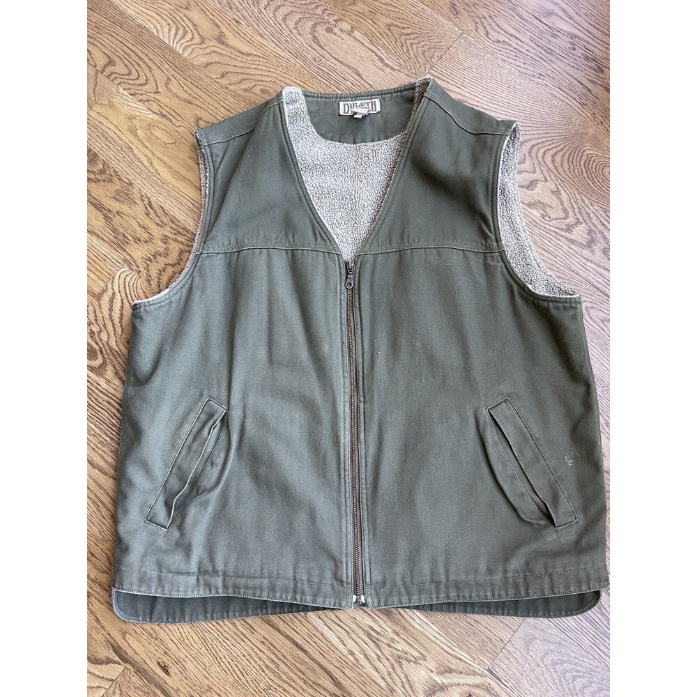 Duluth Trading Vest Mens XL Green Canvas Full Zip Sherpa Lined Workwear Adult